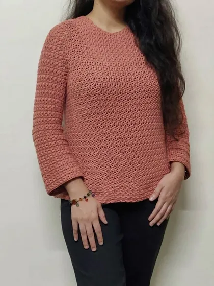 Another look at the Etoile Sweater to show how it drapes. It’s designed to be comfortable and stylish, and I use soft yarn so it feels gentle on your skin.