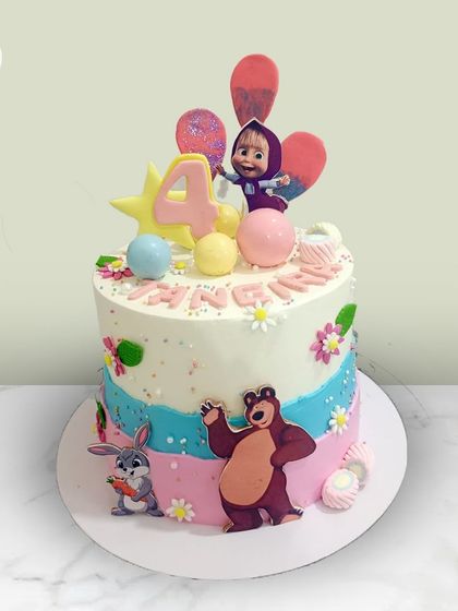 A sweet Masha and the Bear cake for a 4th birthday, featuring the mischievous Masha, her friendly bear, and other woodland creatures.