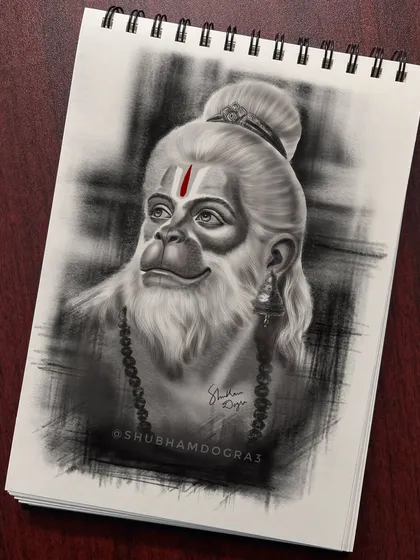 A charcoal portrait of Lord Hanuman, capturing his devotion and strength. The soft shading and detailed line work bring a sense of life and grace to the sketch.