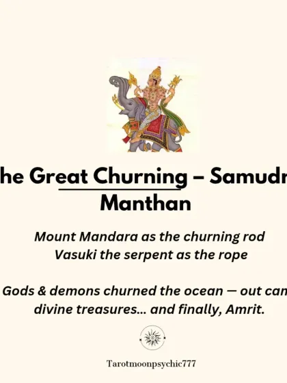 This churning, known as Samudra Manthan, used Mount Mandara as the rod and Vasuki the serpent as the rope. Out of the ocean came divine treasures, and finally, Amrit.