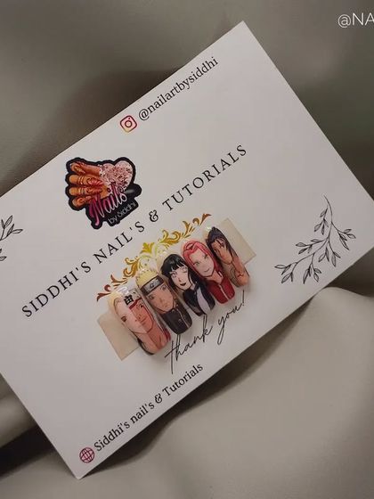 Here is the completed Naruto character set, displayed on my custom packaging. This is how your personalized press-on nails will look when they arrive, ready to be applied.