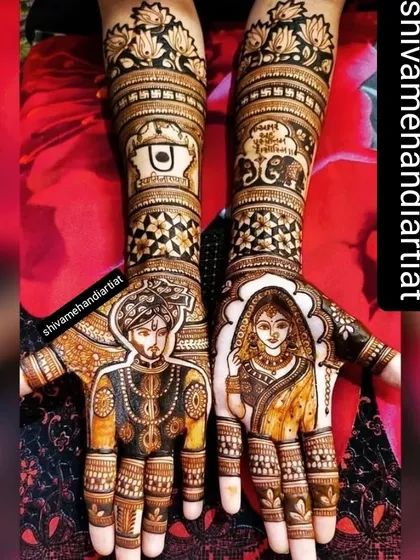 This design features classic bride and groom portraits, each framed beautifully on the palm. The forearms are adorned with sacred symbols like the 'Om' and 'Tilak', along with elephant motifs.