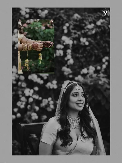 An artistic black and white collage of the bride. The main portrait shows her smiling, while an inset highlights the detail of her hands and kaleeras, creating a layered and thoughtful composition.