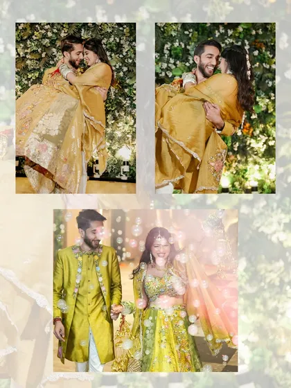 A collage of playful moments from a Haldi or Mehendi event, including the groom lifting the bride and the couple walking through bubbles, showcasing the fun and romance.