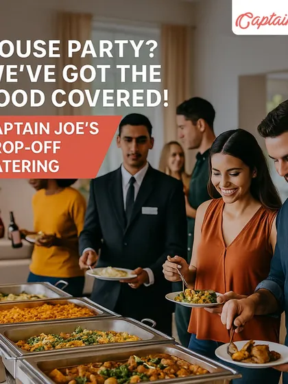 Your party, my priority. This image shows guests happily helping themselves to a delicious buffet spread at a house party, illustrating the relaxed and enjoyable atmosphere I create by handling all the food and service details.