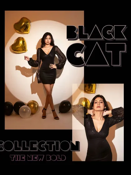 A stylized lookbook page for the 'Black Cat Collection'. This combines full-length and detail shots with graphic text, creating a strong brand statement.