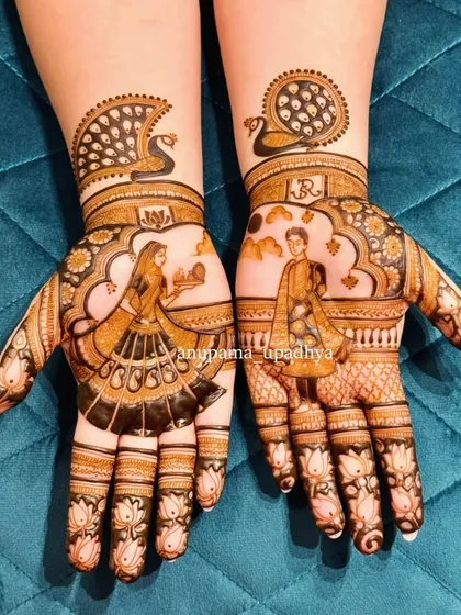 A classic Karwa Chauth design with graceful peacocks and figures of the couple. The details in the lehenga and the archway create a beautiful, festive look.