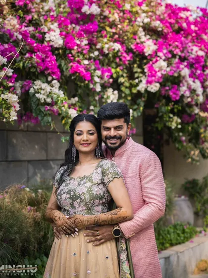 A beautiful collection of photos from Disha and Sumanth's pre-wedding shoot. Her makeup is soft and romantic, perfect for these candid and posed shots in a lovely garden setting.