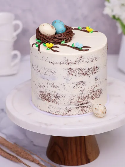 This elegant Nest Cake is perfect for Easter, featuring a semi-naked cake topped with a delicate chocolate nest and speckled eggs.