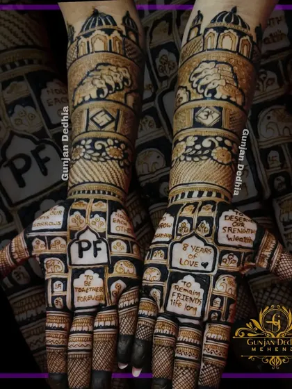Another angle of this incredible story mehendi, showing how each small block contains a different memory or message for the couple.