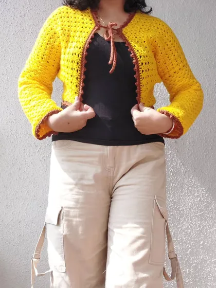 Another view of the Odette Cardigan, showing how it drapes when worn.
