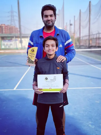 Another shot of Shaurya Juneja celebrating his Under-12 win at the Mavi Tennis Academy tournament. At the same event, our player Pragyan Bhati was the runner-up in the Under-14 category.
