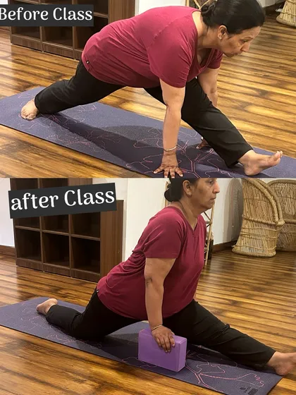 Progress is not about perfection, it's about dedication. This is the result of just one focused class on split practice. Using props like a yoga block for support, we can safely guide the body to open up and achieve more than you thought possible.