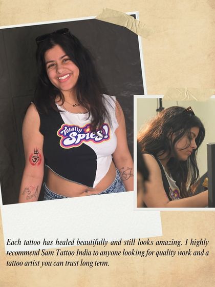 "Each tattoo has healed beautifully and still looks amazing." Aanchal showing off her collection of tattoos from our studio, a testament to our quality and her trust.