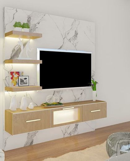 A close-up of a floating TV unit design against a white marble panel. The warm backlighting and minimalist shelves make it a clean and elegant solution for any living room.