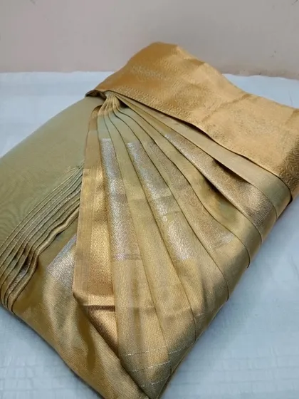 A simple and elegant gold tissue saree, pleated for a graceful fall.