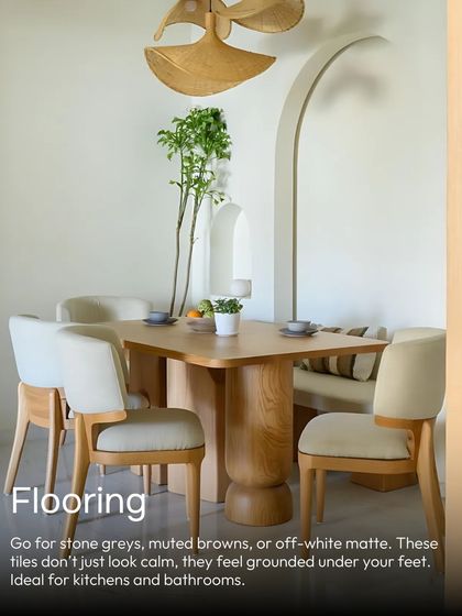For Japandi flooring, go for tiles in stone greys, muted browns, or off-white matte. These tiles don't just look calm; they feel grounded under your feet, ideal for kitchens and bathrooms.