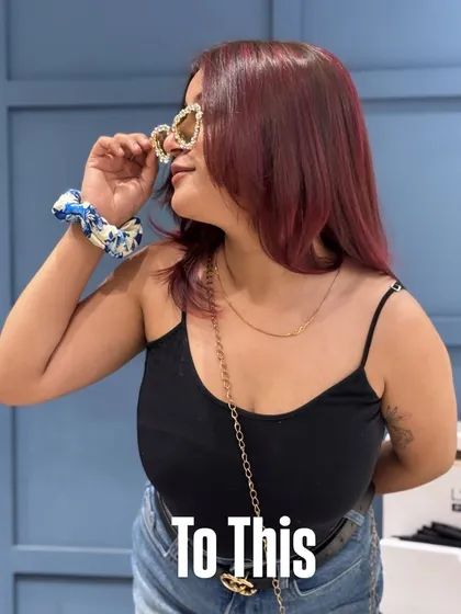 A "To This" frame from a transformation post, highlighting the final red look.