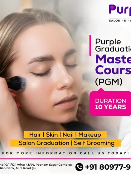 The Purple Graduation Master Course is our signature 10-month program that transforms students into certified beauty professionals. It offers complete training in hair, skin, nails, makeup, and self-grooming.