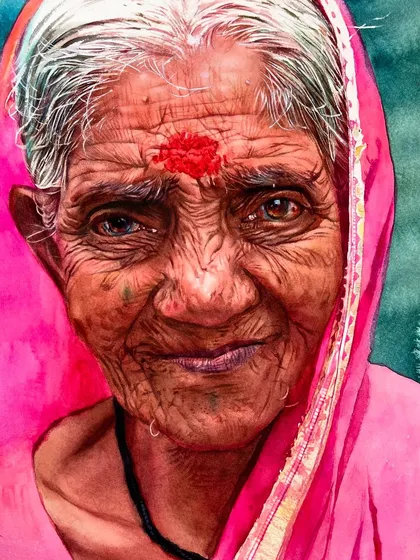 This portrait captures a warm, friendly gaze. It's a great example of how we practice painting expressive eyes and the subtle smile lines that bring a face to life in my workshops.