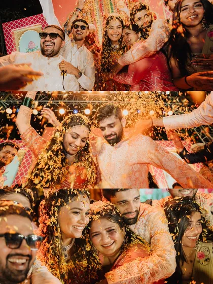Soaked in love and marigold petals. This collage captures the happy chaos and infectious smiles of a truly memorable Haldi function.