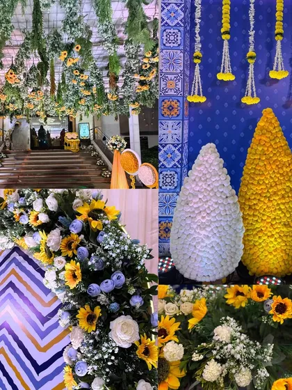 A collage showcasing the details of a Moroccan-themed Haldi. You can see the blue tile patterns, sunflower arrangements, and the hanging floral ceiling that brought this unique concept to life.