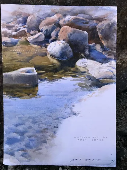 The final watercolour piece from the landscape workshop, showcasing the textures of rocks and water.