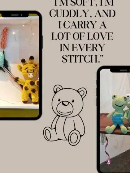 A collage showcasing our soft and cuddly amigurumi. From a sweet giraffe to a pair of friendly frogs, each toy carries a lot of love in every stitch.