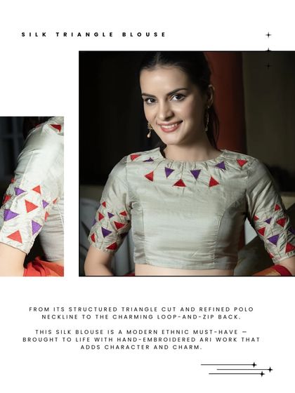The Silk Triangle blouse is a modern ethnic must-have. It features a structured polo neckline and is brought to life with hand-embroidered Ari work in colorful triangles.