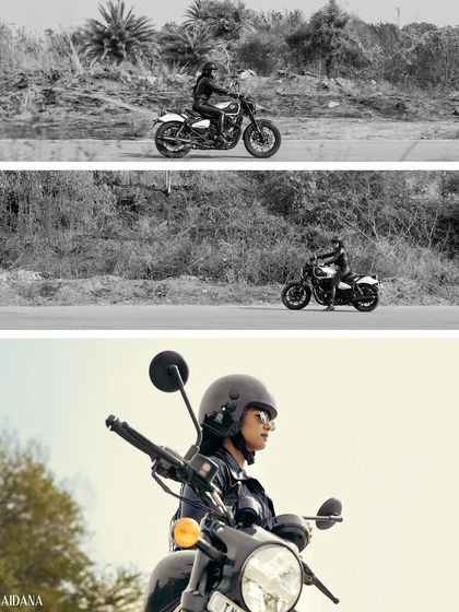 A collage combining wide shots of the motorcycle on the road with a close-up of the rider. This format tells a more complete story, showcasing both the product in action and the persona of the rider.