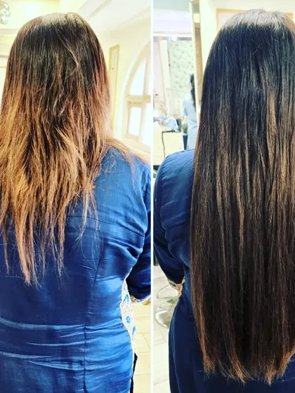 A powerful example of how extensions can rescue the appearance of damaged or over-processed hair. The 'after' shot reveals a sleek, healthy, and uniform look.