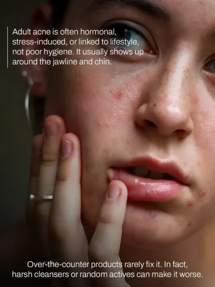Adult acne is often hormonal or stress-induced, appearing on the jawline and chin. Over-the-counter products rarely fix it and can sometimes make it worse.