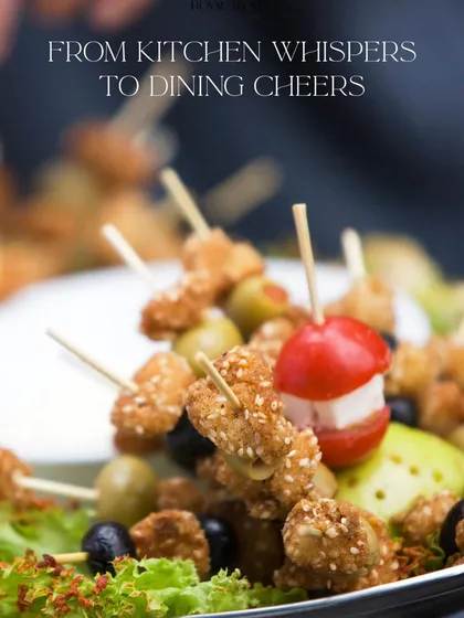 From my kitchen to your event, I create appetizers that get people talking. This close-up shows sesame-crusted chicken bites skewered with olives and cheese, a perfect example of the flavorful combinations I offer.