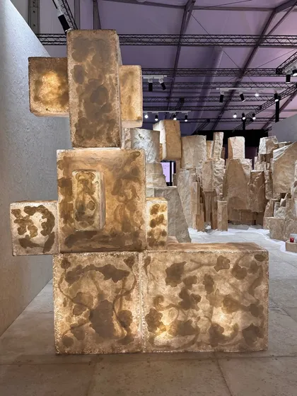 A sculptural formation from the 'Salt' installation. We created these illuminated, crystalline structures to showcase the delicate strength and beauty of salt as a sustainable biomaterial.