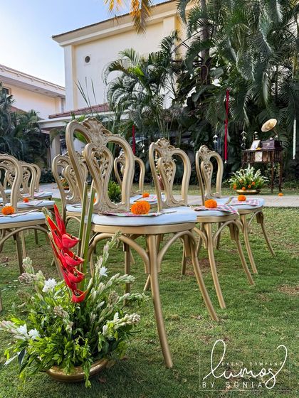 A close-up of the elegant gold chairs with traditional hand fans placed for guests, showcasing the thoughtful details of the wedding decor.