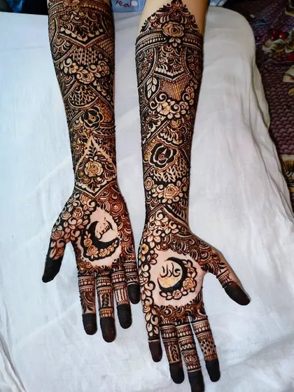 A different perspective on the name and moon design, showing how it integrates into a full bridal look.