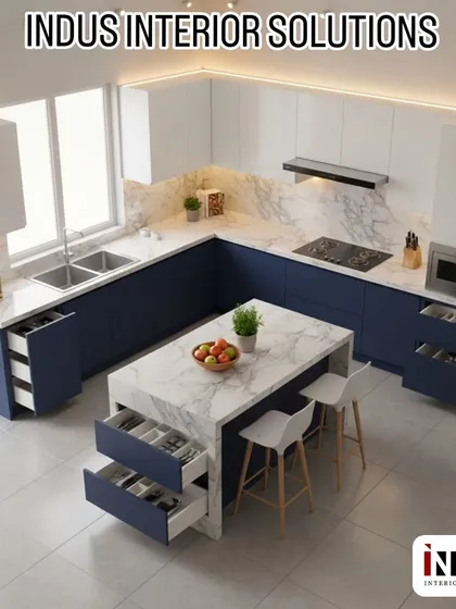 This is where your dream kitchen begins. A 3D render of a spacious blue and white island kitchen, showcasing our design process. We create these detailed visuals so you can see and approve every detail before we start building.