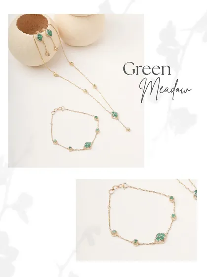 A collage of the Green Meadow set, showcasing the fresh, delicate pieces that are made to glow in every light.