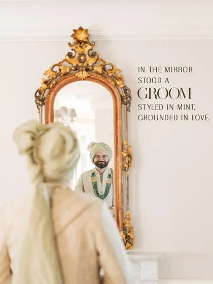 Groom styling is an art of balance and personality. For this Spanish summer wedding, we chose a sage green sherwani with an emerald neckpiece, creating a look that was both classic and perfectly suited to the setting.