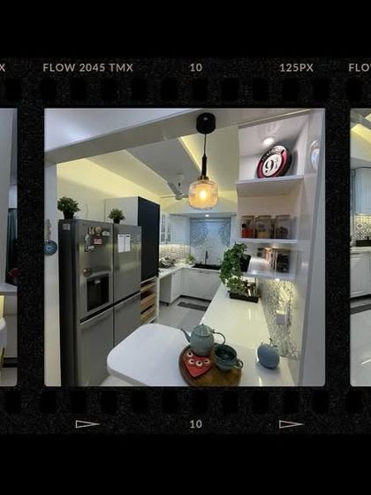 A filmstrip-style collage showcasing different views of a European-inspired white kitchen, highlighting the open layout, breakfast counter, and detailed decor.