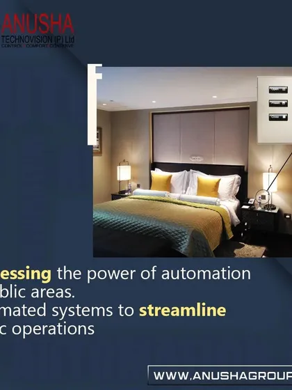 We harness the power of automation in public areas to streamline operations. This image shows an elegant touch keypad in a hotel room, providing guests with intuitive control of lights and blinds.