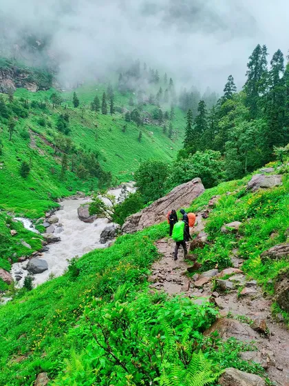 The trail winding down into the lush, misty forests of the Parvati valley.