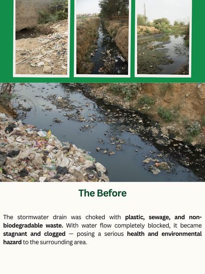 The 'before' state of the Chakkarpur Wazirabad drain shows a channel completely choked with plastic, sewage, and waste. This blockage created a serious health hazard and prevented any water flow.