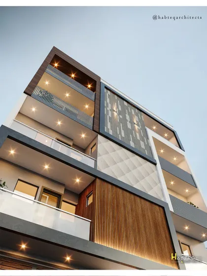 A dramatic low-angle view of the alternative design, emphasizing the textures and depth of the facade materials. This perspective highlights the interplay of light and shadow across the different surfaces.
