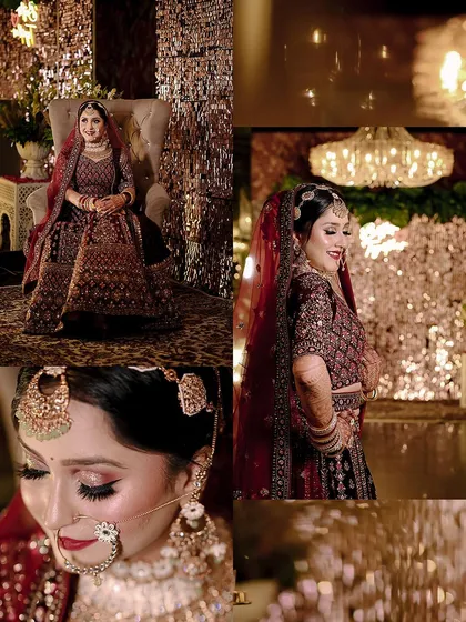 A collage of bridal portraits showing different angles and moods. From a full seated portrait to a close-up of her makeup, it's a complete showcase of her wedding day look.