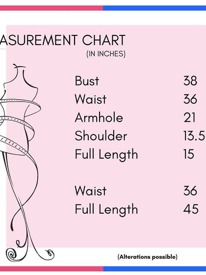 A sample measurement chart for another one of our beautiful lehengas. Don't forget to check your measurements!