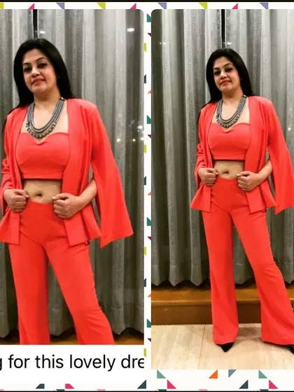 A wonderful client looking absolutely radiant in a custom-styled monochrome co-ord set. We chose this vibrant color and modern silhouette to match her bold personality, creating a look that is both stylish and comfortable.