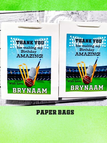 The personalized paper bags for the cricket party, with a thank you message from the birthday boy, Brynaam.