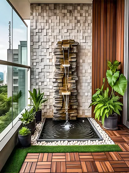 To create a truly tranquil atmosphere, I often incorporate water features. This design features a custom slate waterfall that provides a calming sound, surrounded by elegant wood-look deck tiles and a textured stone wall. It’s a perfect example of a Zen-inspired balcony that brings a sense of peace to your home.