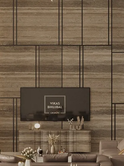 A close-up of a textured media wall, where geometric patterns and natural wood grain come together. This design cleverly conceals the television within a larger, artistic feature wall.